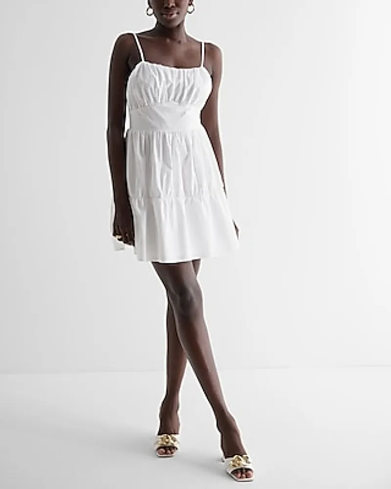 Casual Ruched Tiered Poplin Mini Dress White Women's L