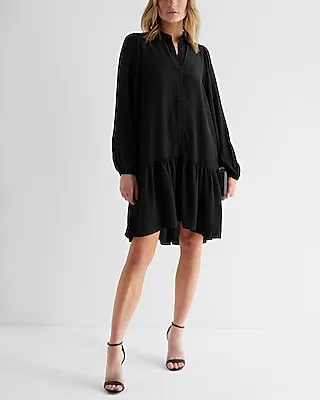 Casual Ruffle Hem Oversized Shirt Dress Black Women's XS