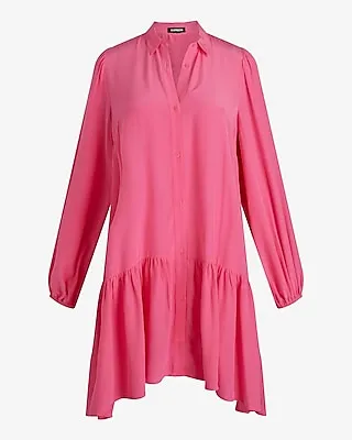 Casual Ruffle Hem Oversized Shirt Dress Pink Women's XS