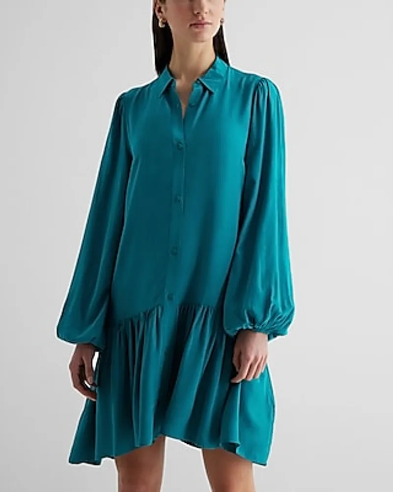 Casual Ruffle Hem Oversized Shirt Dress Blue Women's S