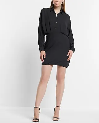 Work Collared Half Button Up Mini Portofino Shirt Dress Black Women's