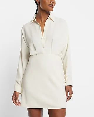 Work Collared Half Button Up Mini Portofino Shirt Dress White Women's