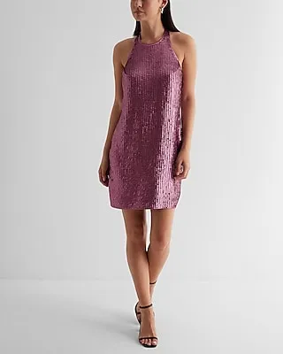 Cocktail & Party Sequin Halter Neck Open Back Mini Tunic Shift Dress Purple Women's XS