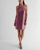 Cocktail & Party Sequin Halter Neck Open Back Mini Tunic Shift Dress Purple Women's XS