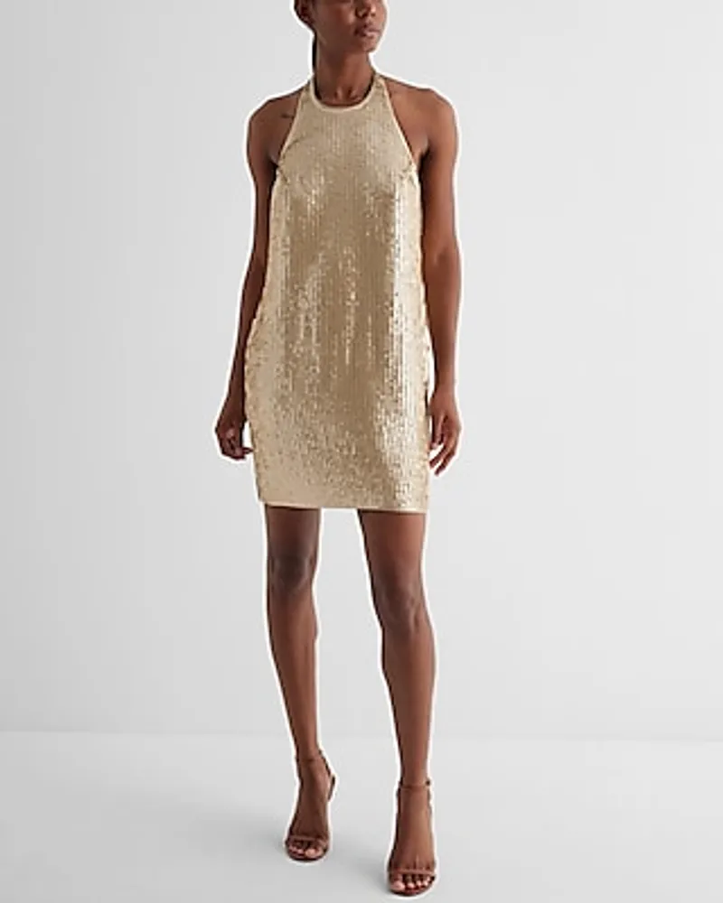 Cocktail & Party Sequin Halter Neck Open Back Mini Tunic Shift Dress