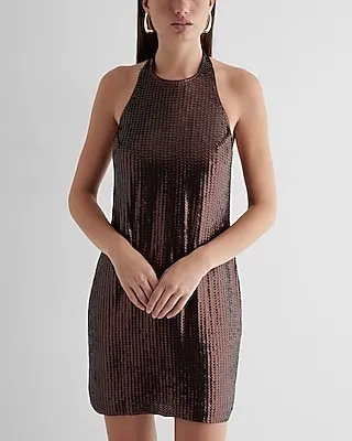 Cocktail & Party Sequin Halter Neck Open Back Mini Tunic Shift Dress Brown Women's XS