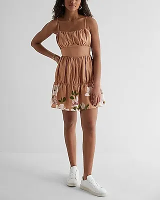 Casual Floral Ruched Tiered Poplin Mini Dress