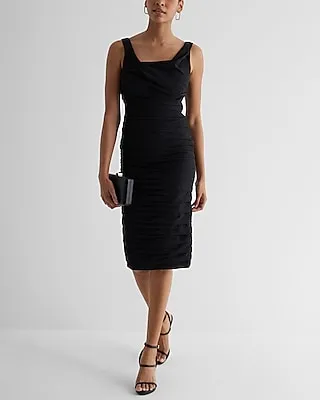 Cocktail & Party Draped Neck Ruched Midi Dress Black Women's