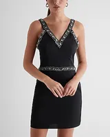 Cocktail & Party Satin Embellished Rhinestone V-Neck Mini Dress Black Women's 0