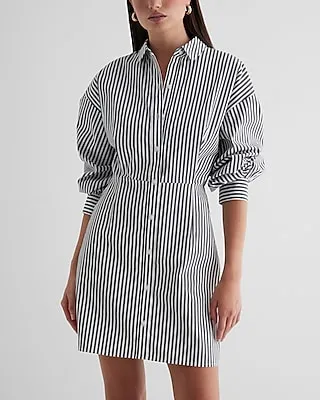 Casual,Work Striped Fitted Poplin Mini Shirt Dress Multi-Color Women's