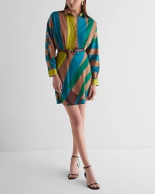 Casual,Work Satin Printed Half Button Up Mini Portofino Shirt Dress Multi-Color Women's XS