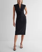 Work V-Neck Sleeveless Ruched Midi Dress Black Women's XS