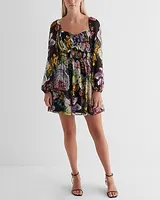 Cocktail & Party Floral Sweetheart Neckline Long Sleeve Mini Babydoll Dress