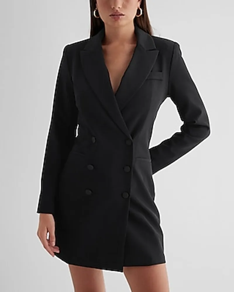 Work Double Breasted Padded Shoulder Mini Blazer Dress Black Women