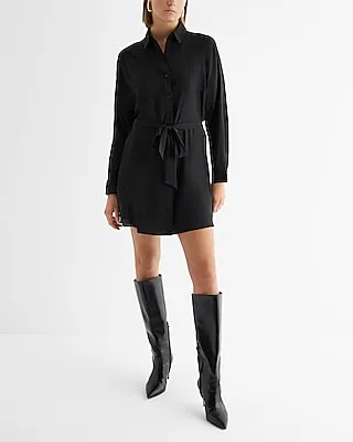 Casual,Work Satin Boyfriend Mini Portofino Shirt Dress Black Women's L