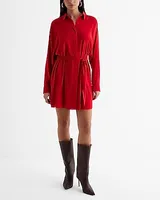 Casual,Work Satin Boyfriend Mini Portofino Shirt Dress Red Women's M