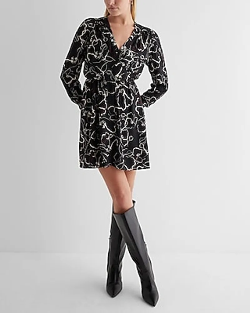 Date Night,Cocktail & Party Printed V-Neck Long Sleeve Surplice Mini Dress