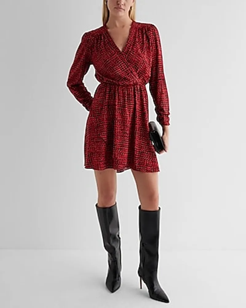 Date Night,Cocktail & Party Printed V-Neck Long Sleeve Surplice Mini Dress Red Women's XS