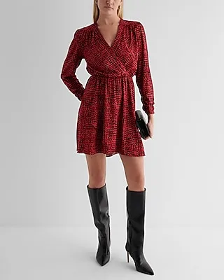 Date Night,Cocktail & Party Printed V-Neck Long Sleeve Surplice Mini Dress