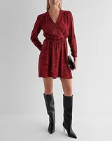 Date Night,Cocktail & Party Printed V-Neck Long Sleeve Surplice Mini Dress Red Women's XS