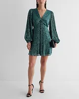 Cocktail & Party,Date Night Metallic V-Neck Long Puff Sleeve Twist Front Mini Dress