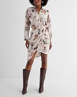 Work Floral V-Neck Surplice Asymmetrical Mini Portofino Shirt Dress