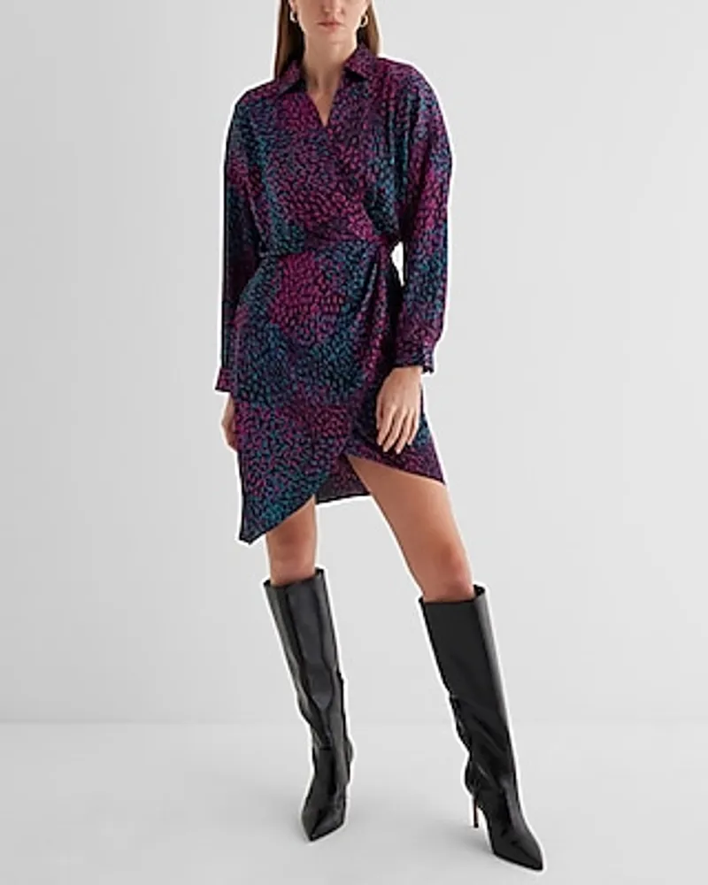 Work Printed V-Neck Surplice Asymmetrical Mini Portofino Shirt Dress