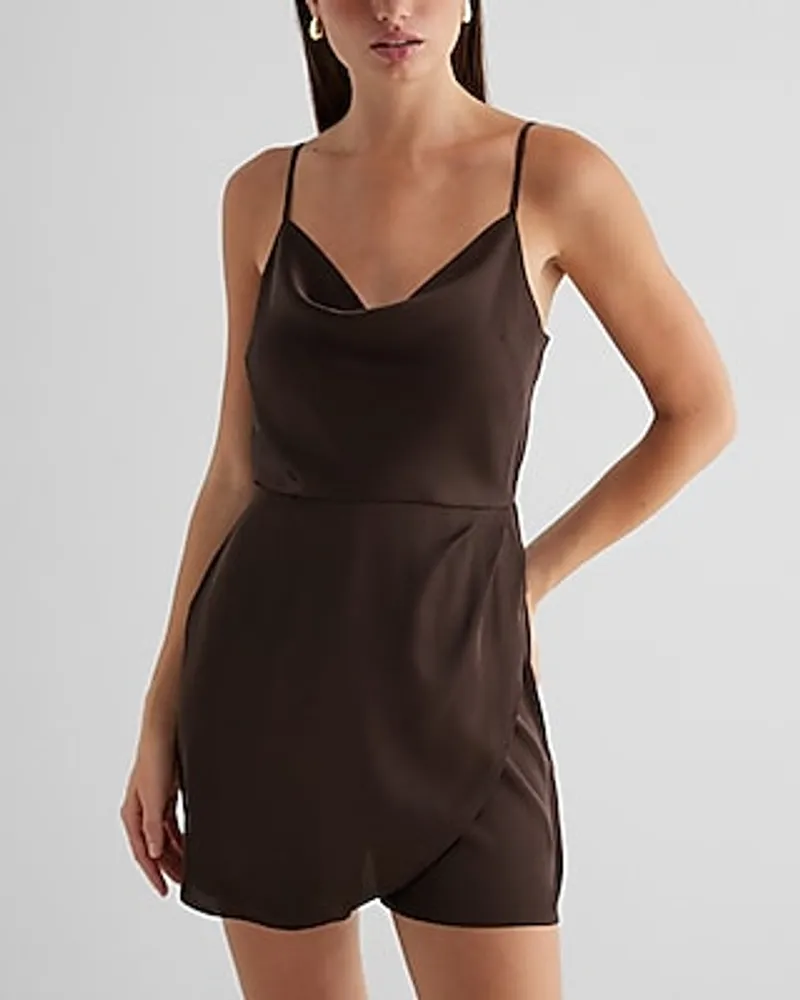 Cocktail & Party,Vacation Satin Cowl Neck Surplice Romper Brown Women's L