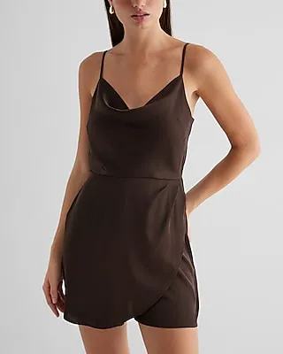 Cocktail & Party,Vacation Satin Cowl Neck Surplice Romper Brown Women's L