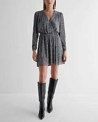 Date Night,Cocktail & Party Metallic V-Neck Long Sleeve Surplice Mini Dress Gray Women's XS