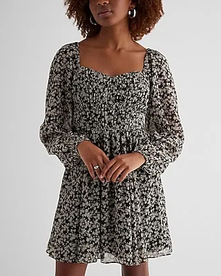 Cocktail & Party,Date Night,Bridal Shower Floral Sweetheart Neckline Long Sleeve Mini Babydoll Dress