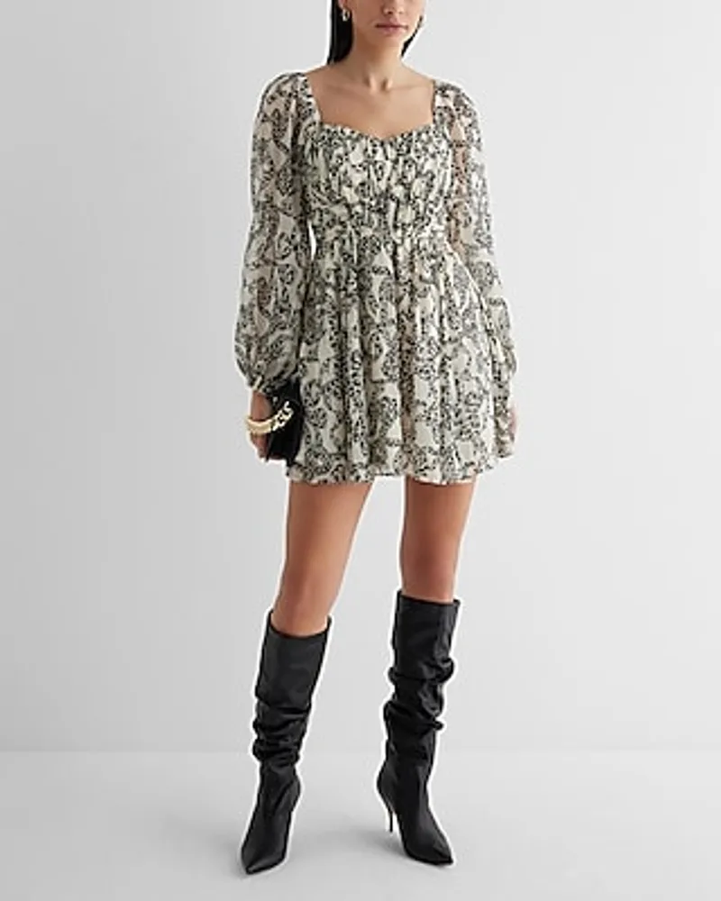 Date Night,Cocktail & Party,Bridal Shower Printed Sweetheart Neckline Long Sleeve Mini Babydoll Dress