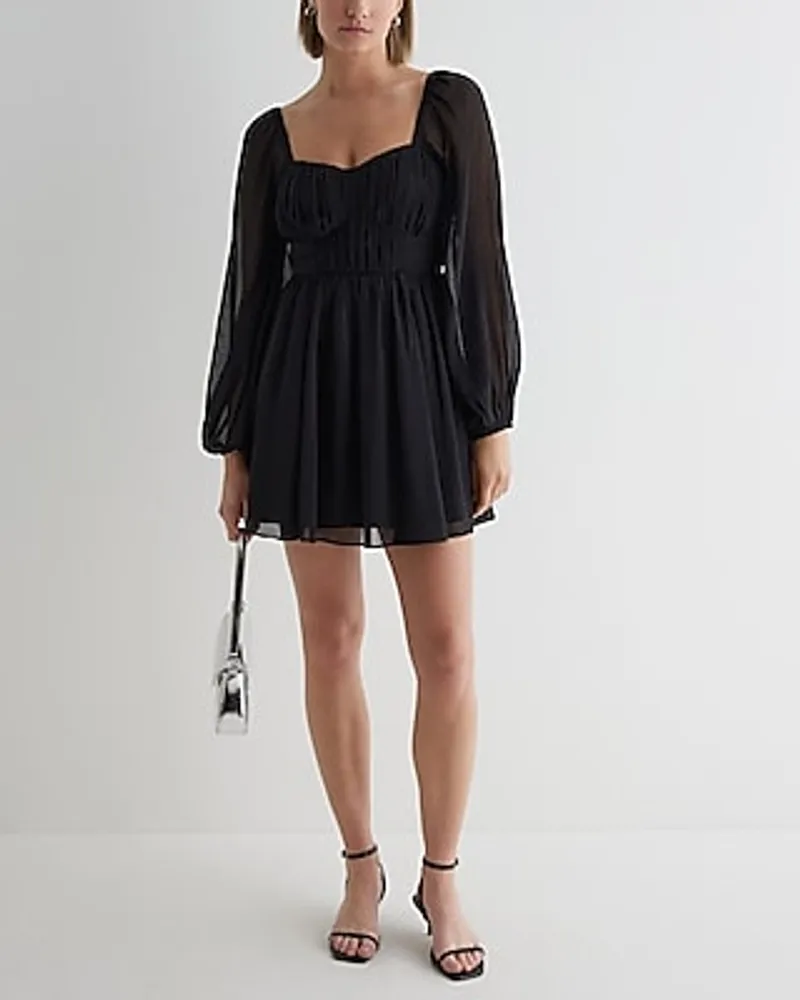 Date Night,Cocktail & Party Sweetheart Neckline Long Sleeve Mini Babydoll Dress