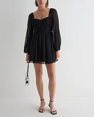 Date Night,Cocktail & Party Sweetheart Neckline Long Sleeve Mini Babydoll Dress Black Women's XL