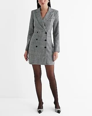 Date Night,Cocktail & Party,Work Sequin Plaid Double Breasted Padded Shoulder Mini Blazer Dress Multi-Color Women's M
