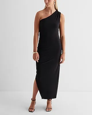Cocktail & Party One Shoulder Ruched Side Midi Dress Black Women's XS