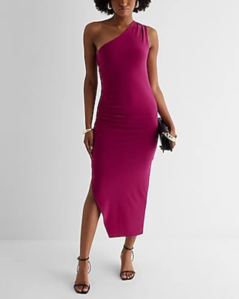 Cocktail & Party One Shoulder Ruched Side Midi Dress Pink Women's S