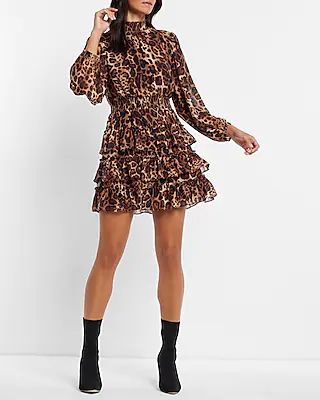 Cocktail & Party Leopard Print Smocked Mock Neck Tiered Ruffle Mini Dress Multi-Color Women's XS