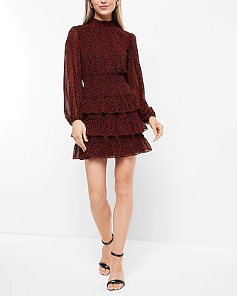 Versatile Printed Mock Neck Long Sleeve Tiered Ruffle Dress