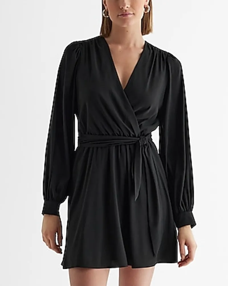 Date Night,Cocktail & Party V-Neck Surplice Long Sleeve Tie Waist Mini Dress Women