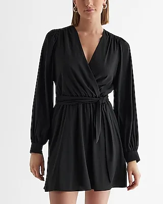 Date Night,Cocktail & Party V-Neck Surplice Long Sleeve Tie Waist Mini Dress Black Women's M