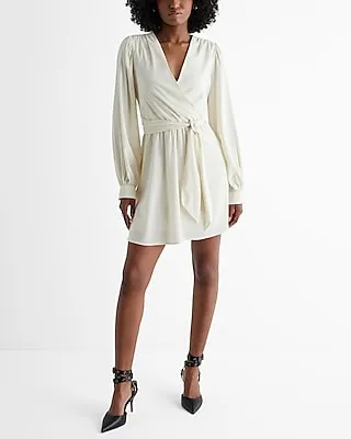 Date Night,Cocktail & Party V-Neck Surplice Long Sleeve Tie Waist Mini Dress White Women's XL