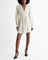 Date Night,Cocktail & Party V-Neck Surplice Long Sleeve Tie Waist Mini Dress White Women's L