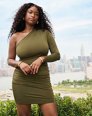 Cocktail & Party Body Contour One Shoulder Ruched Mini Dress With Built-In Shapewear Green Women's XS