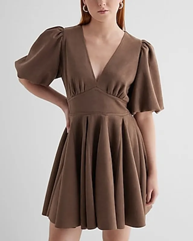 Express Cocktail & Party Suede V-Neck Puff Sleeve Mini Dress Neutral  Women's S | MainPlace Mall