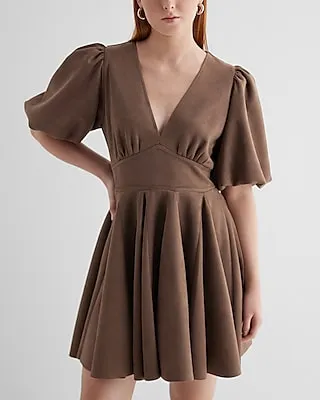 Cocktail & Party Suede V-Neck Puff Sleeve Mini Dress Neutral Women's XS