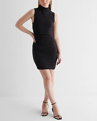 Cocktail & Party,Casual Mock Neck Sleeveless Ruched Mini Dress Black Women's XS