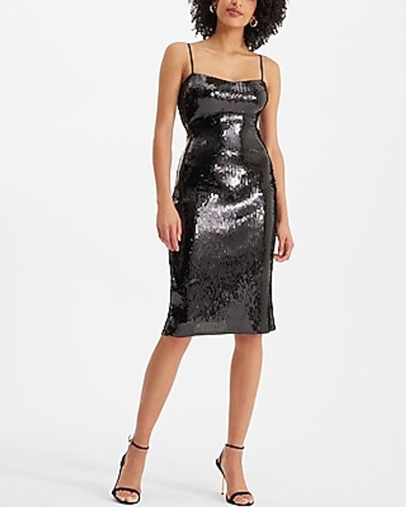 Cocktail & Party Sequin Sweetheart Neckline Midi Dress Black Women's S