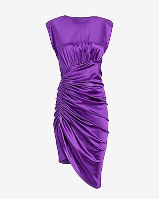 Cocktail & Party Satin Padded Shoulder Ruched Asymmetrical Mini Dress Purple Women's XS