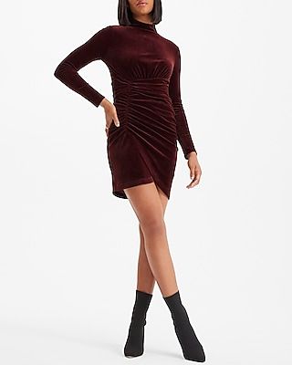 Cocktail & Party Velvet Body Contour Mock Neck Ruched Mini Dress